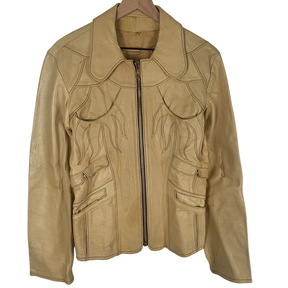 VTG 70s Soft Deerskin Leather Sunflower Flame Stitched Zip Up Jacket Sz M Tan